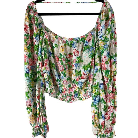 Afrm Cropped Floral Top Womens 1X Pink Green Balloon Long Sleeve Smocked - Picture 3 of 13